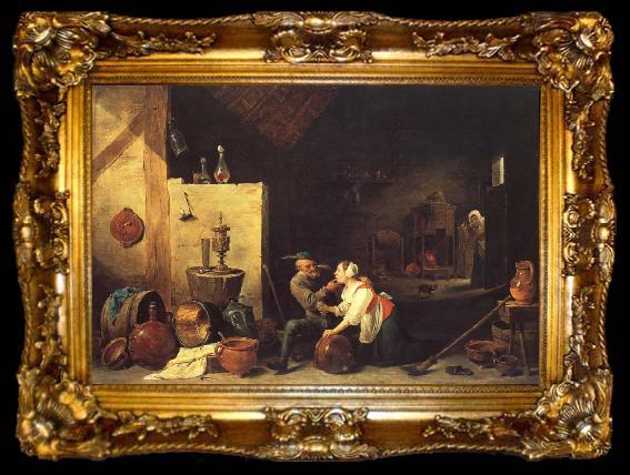 framed  David Teniers An Old Peasant Caresses a Kitchen Maid in a Stable, ta009-2